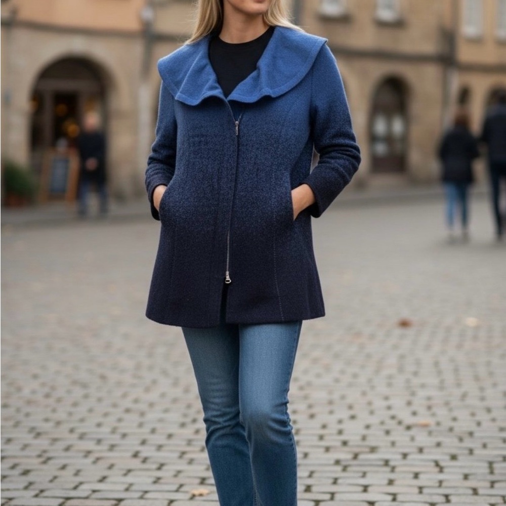 NIC+ZOE Blue Wool Blend Ombre Long‎ Jacket Coat PP Petite — Alpaca Blend, Draped